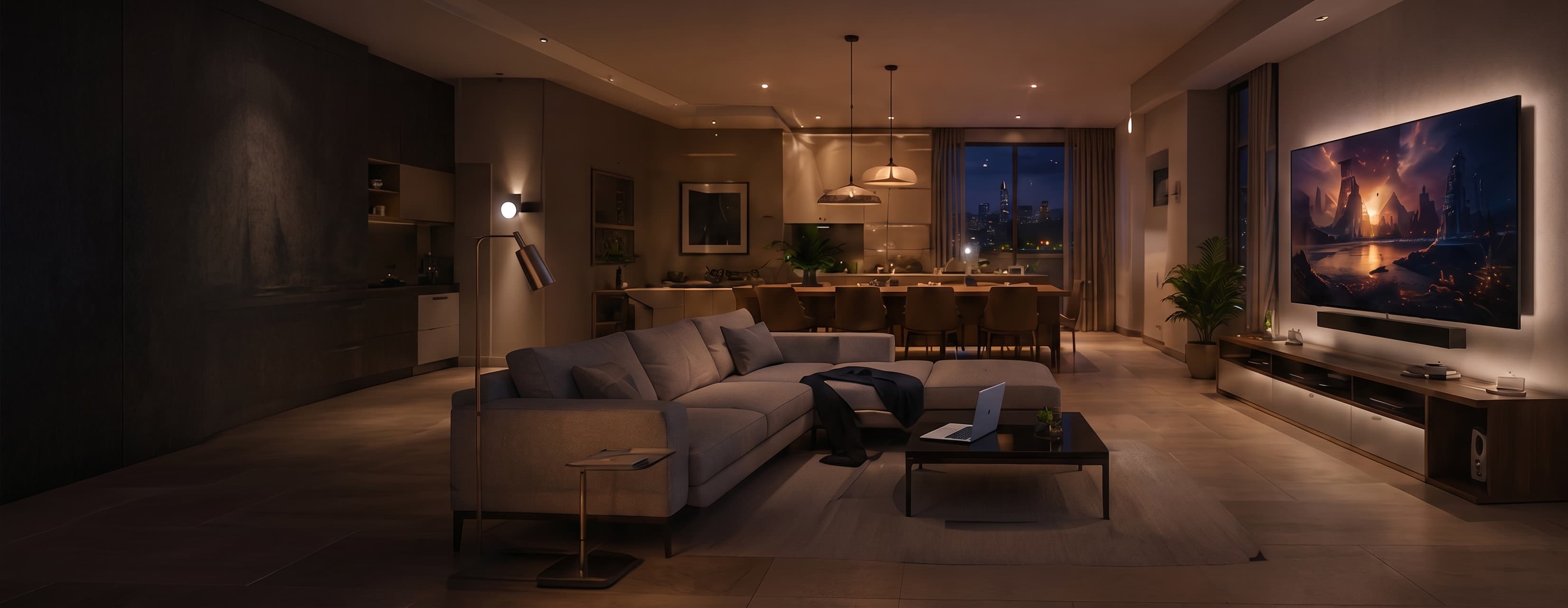 A wall-mounted TV with hidden cabling in a modern living room