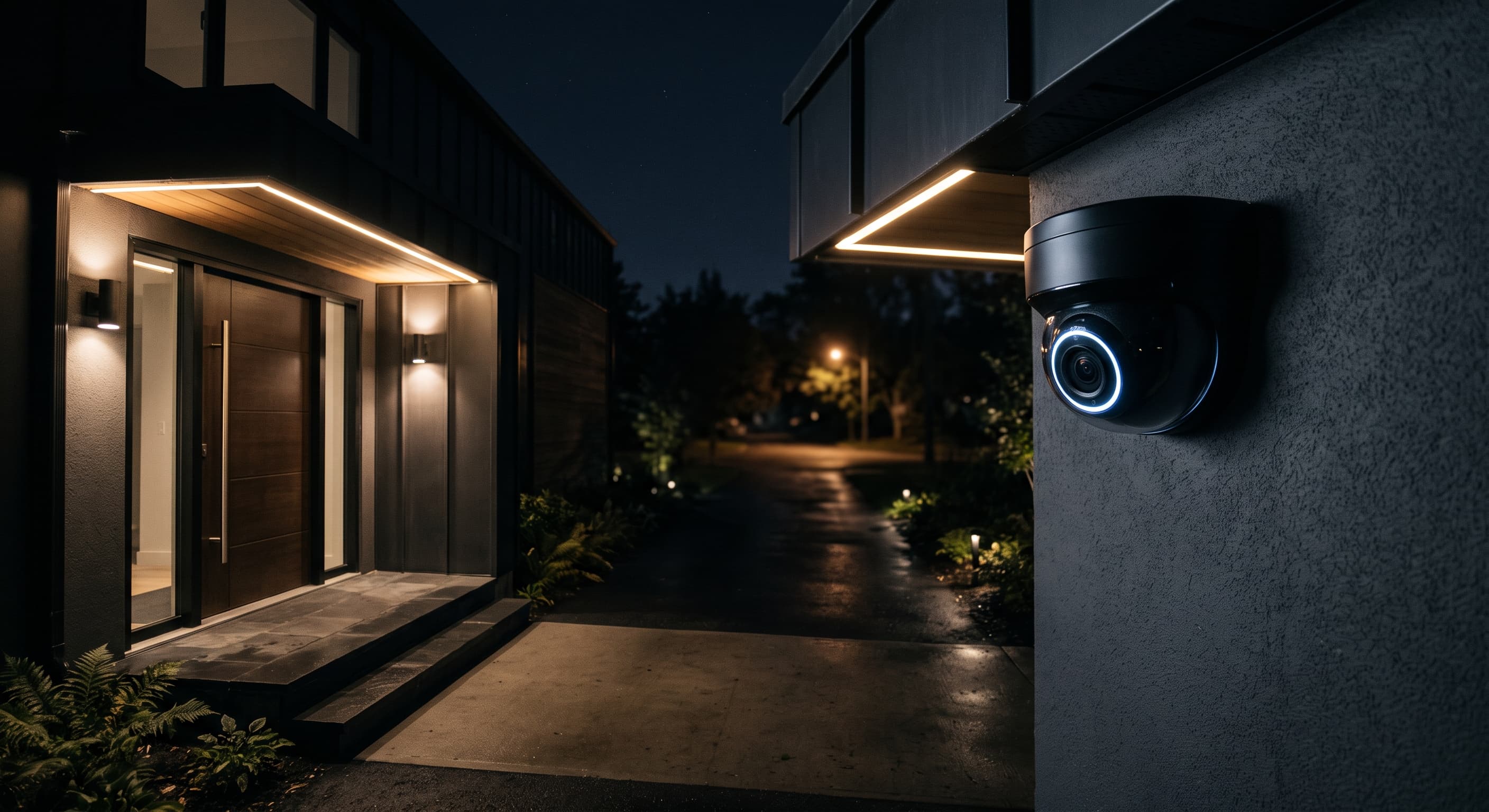 Security camera mounted on a modern home's exterior wall at night