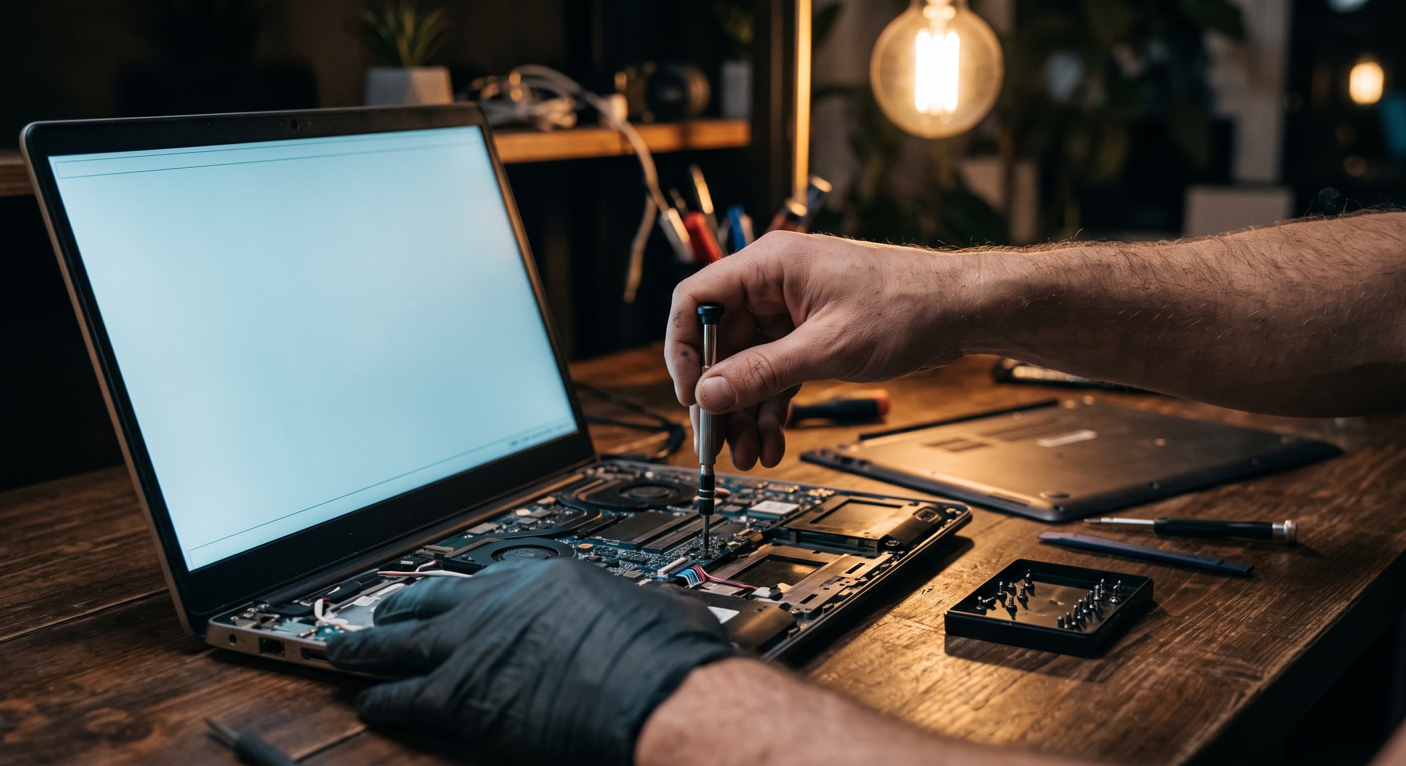 A technician repairing the internal components of an open laptop