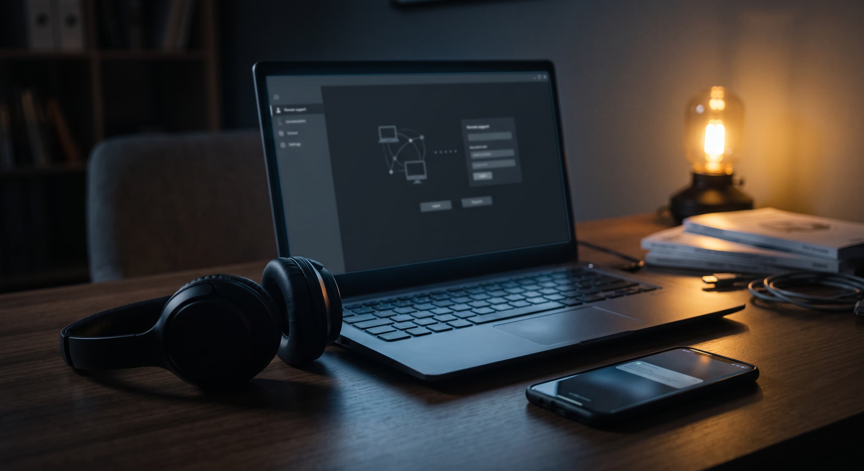 A laptop set up for a remote IT support session next to a headset and phone