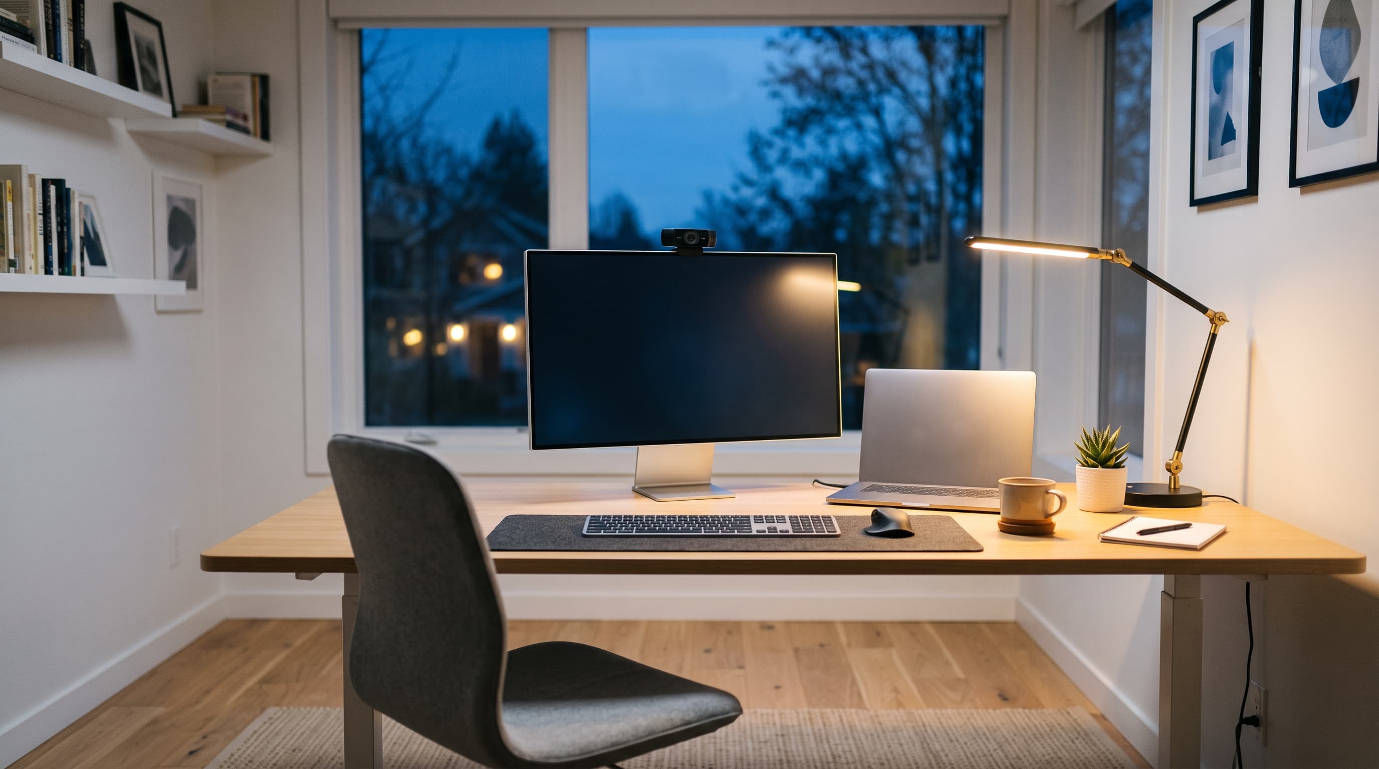 A home office desk with a monitor, laptop, and webcam set up for work